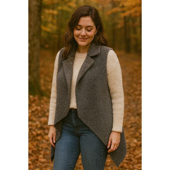 ELAN Gray Sherpa Faux Fur Sleeveless Cardigan Vest One Size Cozy Layering - Picture 1 of 8